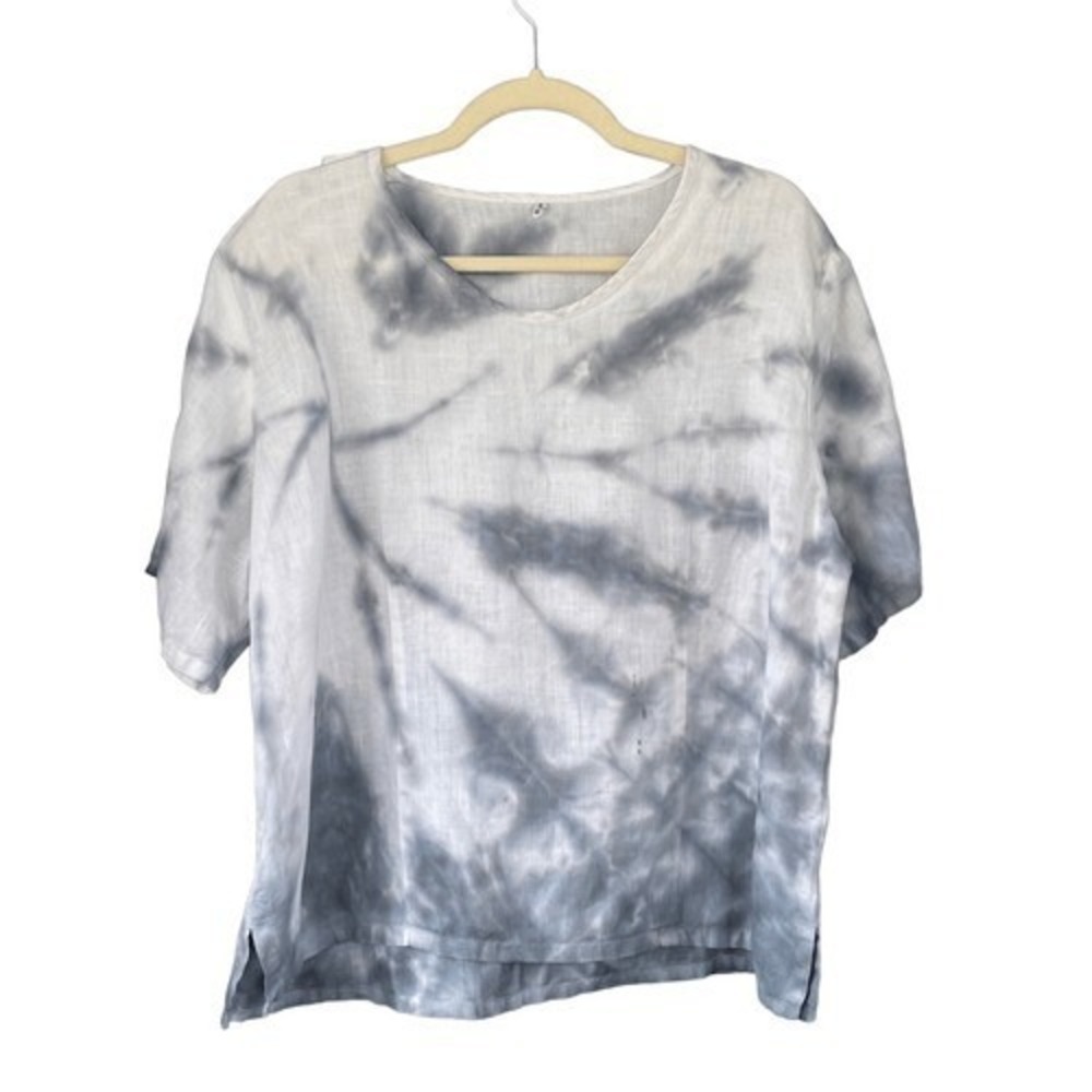 Linen Tie Dye V Neck Top Gray White Casual Short Sleeve‎ Boho Hippie